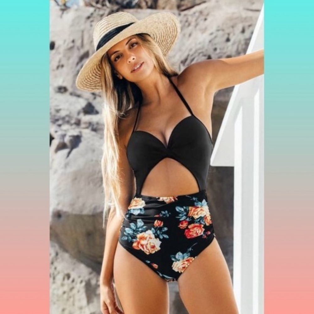 Cupshe Black Floral Cutout Halter One-Piece Swimsuit